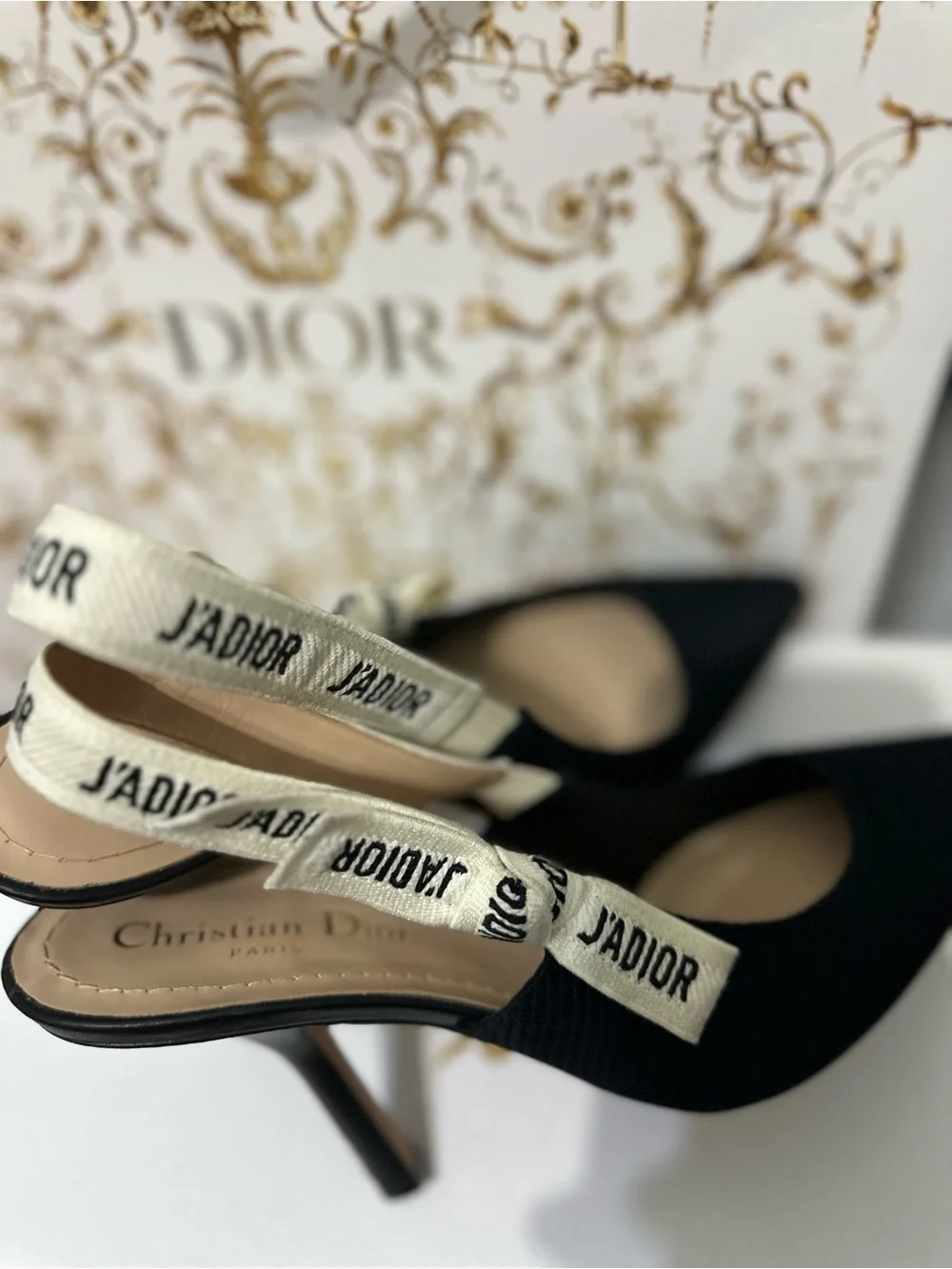 Dior Black Slingback Heels with J'Adior Ivory Ribbon